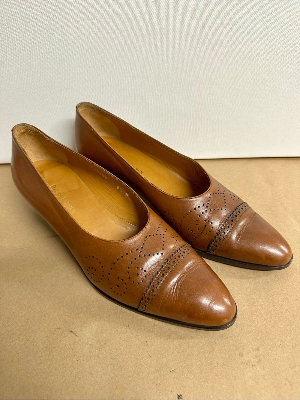 Ralph Lauren Tan Leather Perforated Pointed Flats